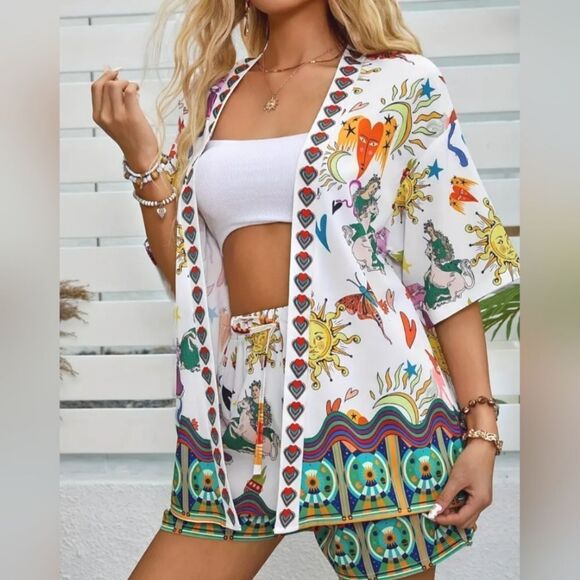 Colorful printed two-piece short set sz small - Picture 2 of 5